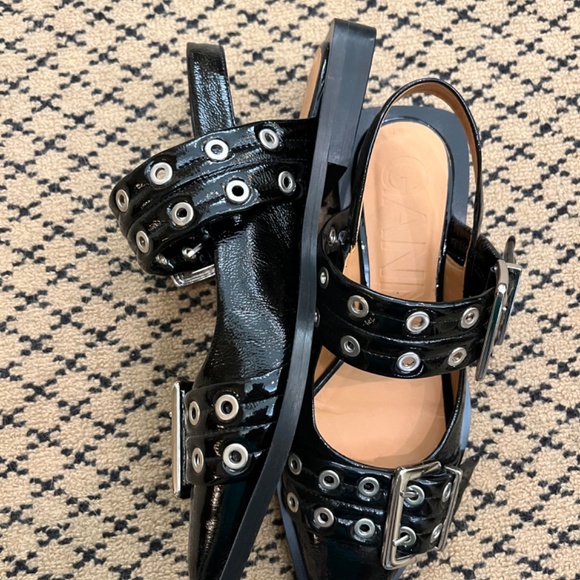 Ganni Black Patent Leather Flats with Silver Buckles - Picture 6 of 11
